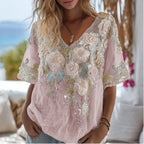 Bohemian White Rose Rhinestone V-neck Loose Retro Short-sleeve T-shirt