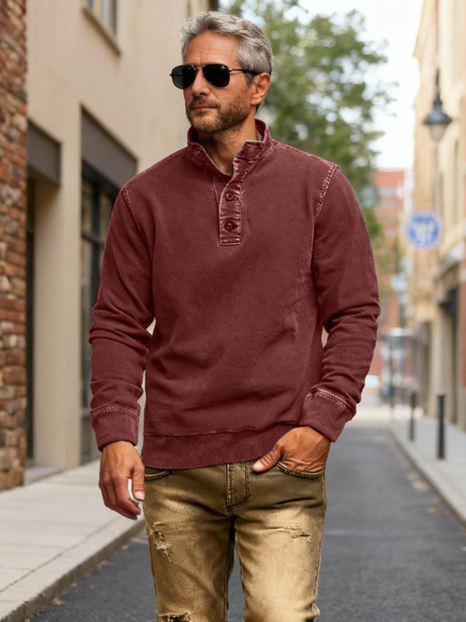 NEW🔥 Men's Retro Casual Stand Collar Button Solid Color Sweatshirt