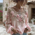 Women's Pink Rose Embroidery Art Round Neck Long Sleeve Linen Blend T-shirt