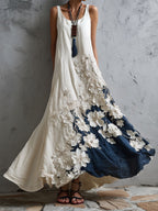 Women's Vintage Japanese Cherry Blossom Embroidered Casual Sleeveless Linen Long Dress