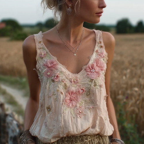 Bohemian Retro Pink Floral Pattern Women's Sleeveless Thin Shoulder Strap Vest