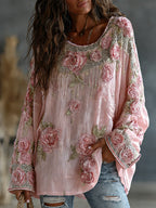 Women's Vintage Floral Embroidered Art Print Flowy Linen Blend Casual Tops