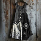 Floral Denim Textile Lace Hem Patchwork Tank Dress