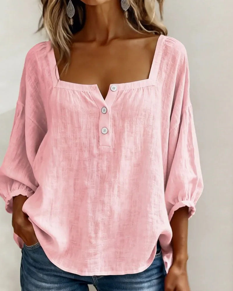 📦📦🌸Pink Square-Neck Half-Button Shirt