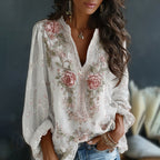 Women's Vintage Spring Floral Embroidered Art Print Flowy Linen Blend Casual Tops