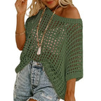 📦📦Short Sleeve Crochet Sweater Lightweight Summer Tops Loose Hollow Out Crewneck Pullover