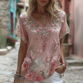 Women's Floral Butterfly Embroidered Linen Blend T-shirt
