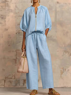 ✨⏰New Arrivals🔥 Stylish Cozy Zipper Shirt & Wide-Leg Pants Linen Cotton Two-Piece Set