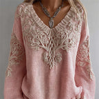 Vintage Pink Tree Of Life V Neck Cozy Knit Sweater