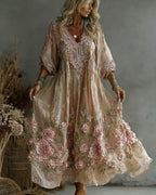 Women's Retro Floral Art Flowy Linen Blend Casual Long Sleeve Maxi Dress