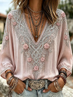 Women's Retro Pink Floral Art Casual Linen Blend Three-quarter Sleeves T-shirt