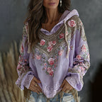 Women's Retro Floral Embroidered Art Print Flowy Linen Blend Casual Hoodie