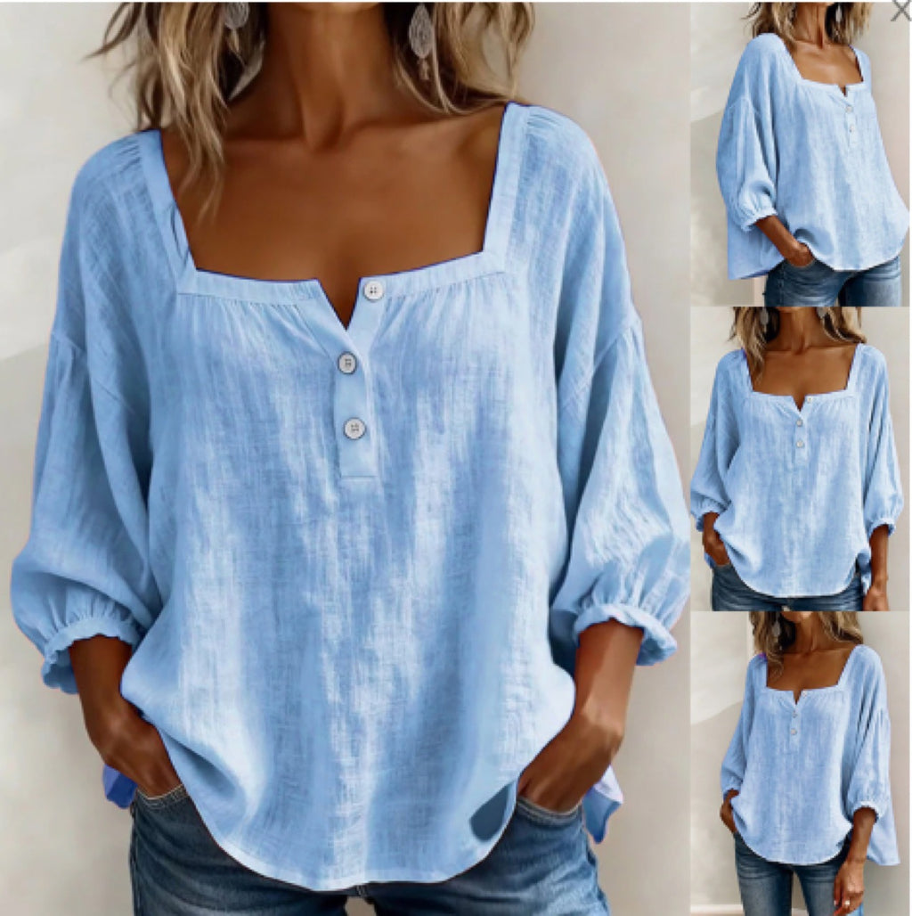 📦📦🌸Pink Square-Neck Half-Button Shirt
