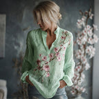 Women's Vintage Flowers Embroidered Linen Long Sleeve Shirt