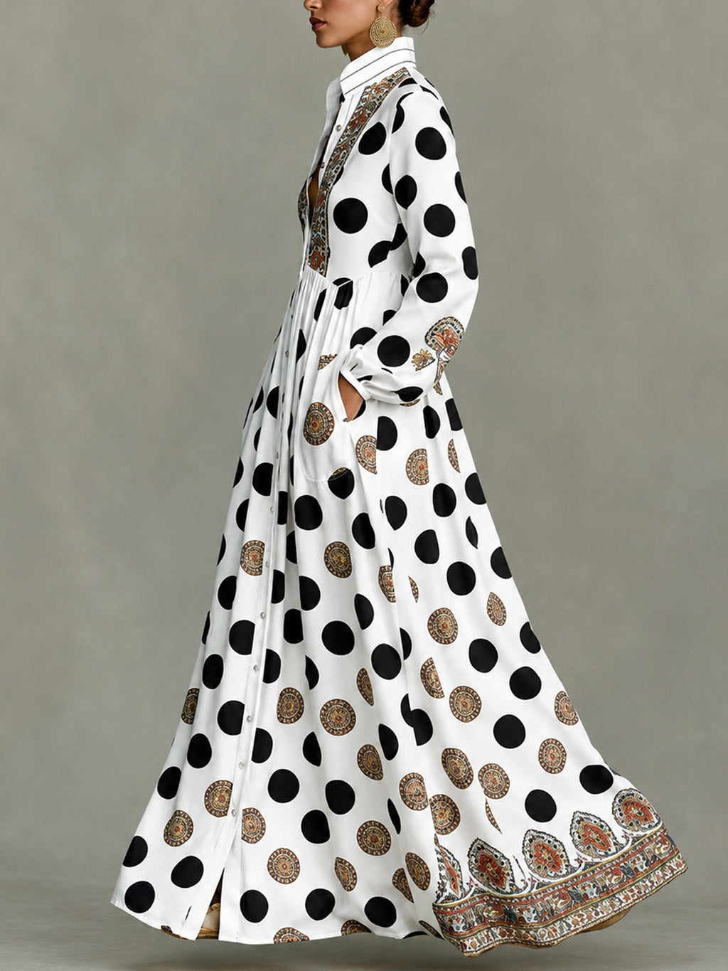 📦📦Classic Totem & Polka Dot Color-block Dress With Lapel, Cinched Waist, And Flared Skirt