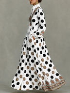 📦📦Classic Totem & Polka Dot Color-block Dress With Lapel, Cinched Waist, And Flared Skirt