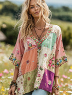 Women's Vintage Floral Print V-neck T-shirt