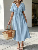 ✨⏰Women'S V-Neck Loose-Fitting Comfortable Long Solid Color Short-Sleeved Dress