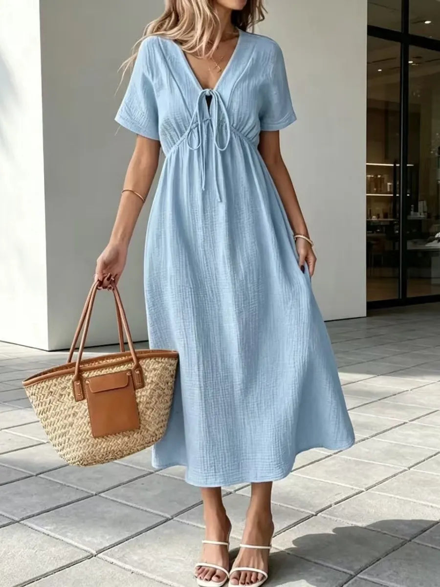 ✨⏰Women'S V-Neck Loose-Fitting Comfortable Long Solid Color Short-Sleeved Dress