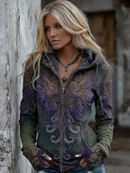 Women's Viking Mythology Phoenix Embroidery Comfortable Warm Zipper Hoodie