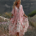 Women Vintage Pink Floral Art Linen Blend Casual Maxi Dress