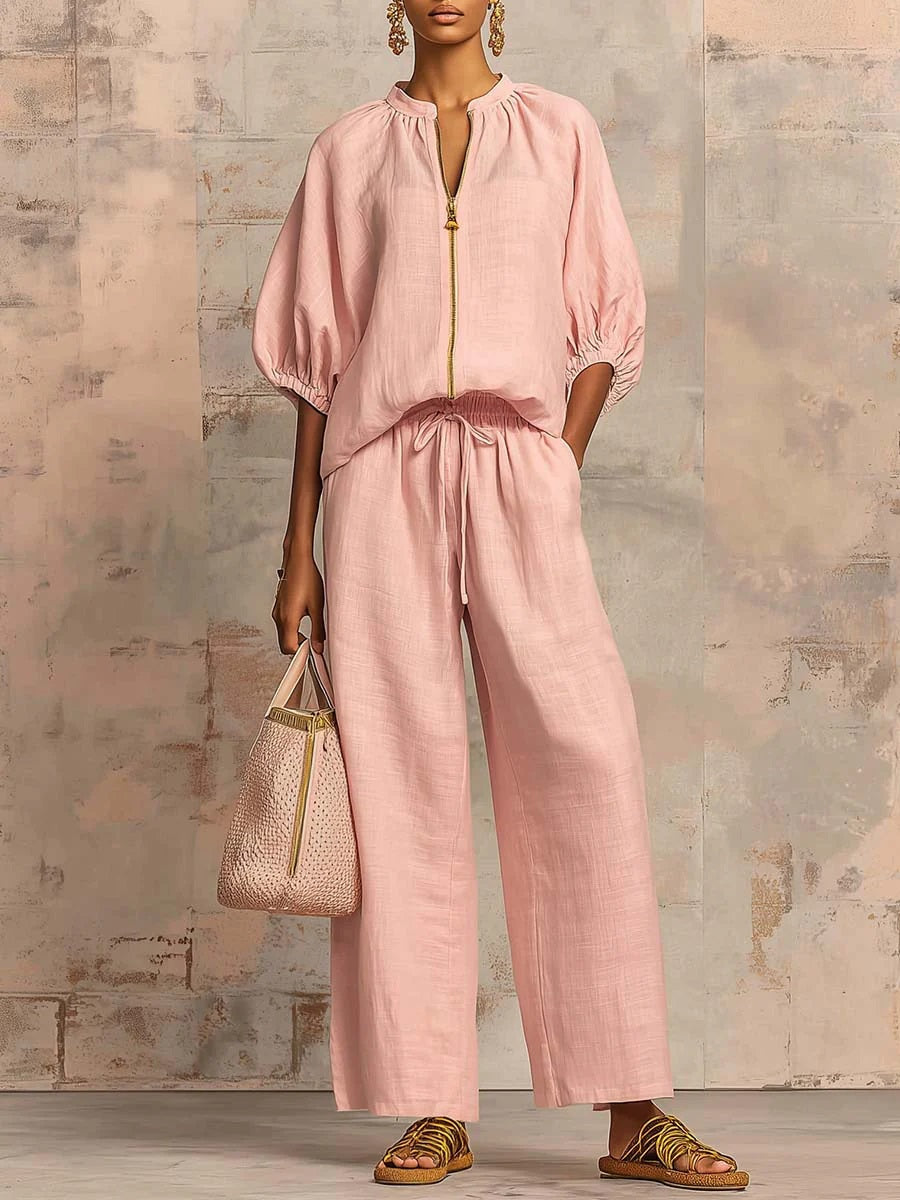 ✨⏰New Arrivals🔥 Stylish Cozy Zipper Shirt & Wide-Leg Pants Linen Cotton Two-Piece Set