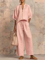✨⏰New Arrivals🔥 Stylish Cozy Zipper Shirt & Wide-Leg Pants Linen Cotton Two-Piece Set