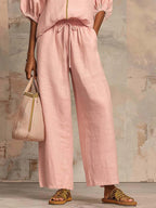 ✨⏰New Arrivals🔥 Stylish Cozy Zipper Shirt & Wide-Leg Pants Linen Cotton Two-Piece Set