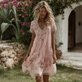Women's Vintage Floral Art Print Flowy Linen Blend Casual Short Sleeve Mini Dress