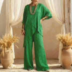 Women's Comfy Linen Blend Flowy Double Layer Design Top And Pants Two-piece Set