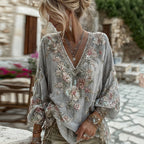 Women's Vintage Pink Floral Embroidered Art V-neck Long Sleeve Blouse