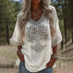 Women's Retro Viking Tree Of Life Sequins Art Linen T-shirt