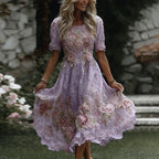 Women's Floral Art Print Flowy Linen Blend Casual Short Sleeve Maxi Dress