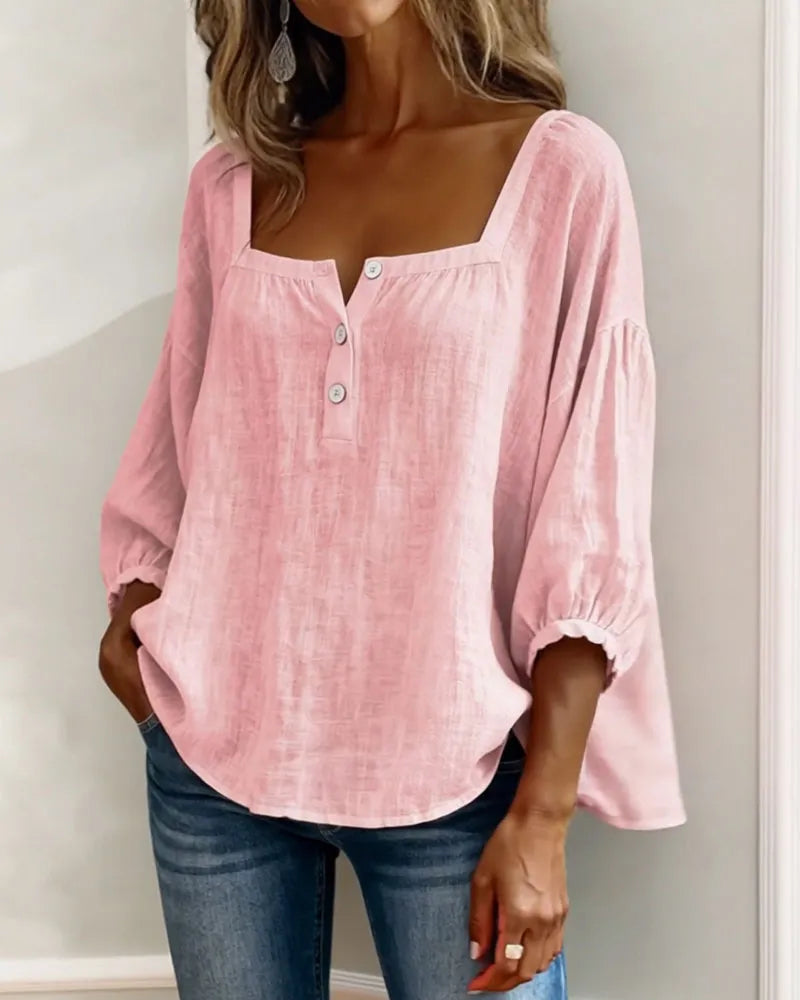 📦📦🌸Pink Square-Neck Half-Button Shirt