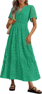 NEW 🔥Womens 2025 Summer Maxi Dress Short Sleeve V Neck Hollow Out Eyelet A Line Dresses