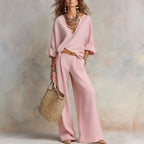📦📦LAST DAY SAVE 49% ⏰Women's Casual Linen Vacation Set – Three-Quarter Sleeve Top & Full-Length Pants