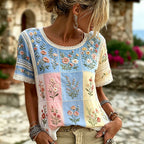 Women's Floral And Lace Art Embroidery Spliced Vintage Casual Short Sleeve Top
