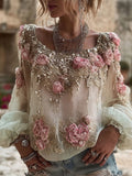 Vintage Boho Pink Rose Embroidery Art Long Sleeve Linen T Shirt