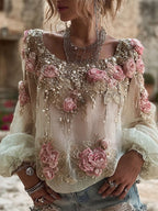 Vintage Boho Pink Rose Embroidery Art Long Sleeve Linen T Shirt