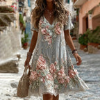 Women's Vintage Pink Flower Embroidery Art V Neck Short Sleeve Midi Dress