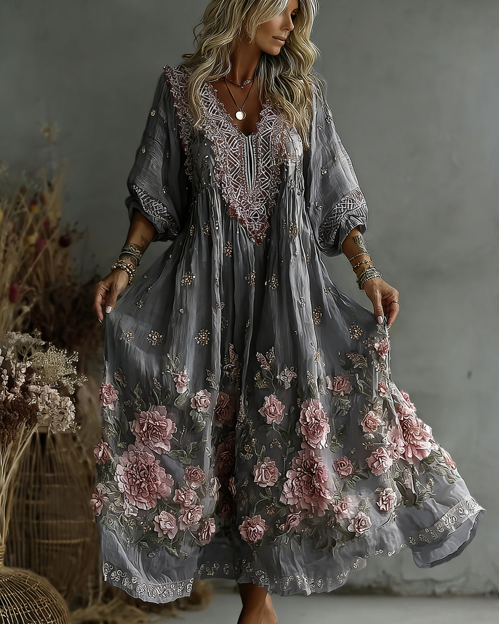 Women's Retro Floral Art Flowy Linen Blend Casual Long Sleeve Maxi Dress