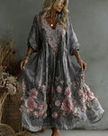 Women's Retro Floral Art Flowy Linen Blend Casual Long Sleeve Maxi Dress