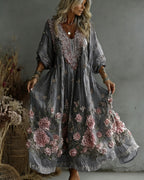 Women's Retro Floral Art Flowy Linen Blend Casual Long Sleeve Maxi Dress