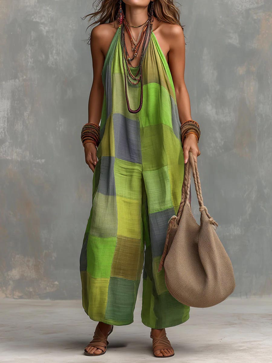 ✨⏰Women's Plaid-print Casual Loose Halter-neck Cotton-linen Wide-leg Jumpsuit