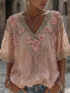 Women's Vintage Spring Floral Embroidered Art Print Flowy Linen Blend Short Sleeve Casual Tops