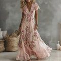 Women's Vintage Pink Floral Art Embroidered Flowy Maxi Dress