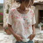 Women's Japanese Floral And Bird Art Round Neck Short Sleeve T-shirt