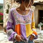 Women's Retro Rose Art Embroidery Color Block Comfortable Cotton Linen Long Sleeve Top