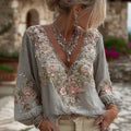 Women's Vintage Pink Floral Embroidered Art Pattern V-neck Long Sleeve Blouse