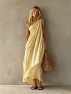 Women's Elegant Pink Cotton-Linen One-Shoulder Sleeveless Maxi Dress